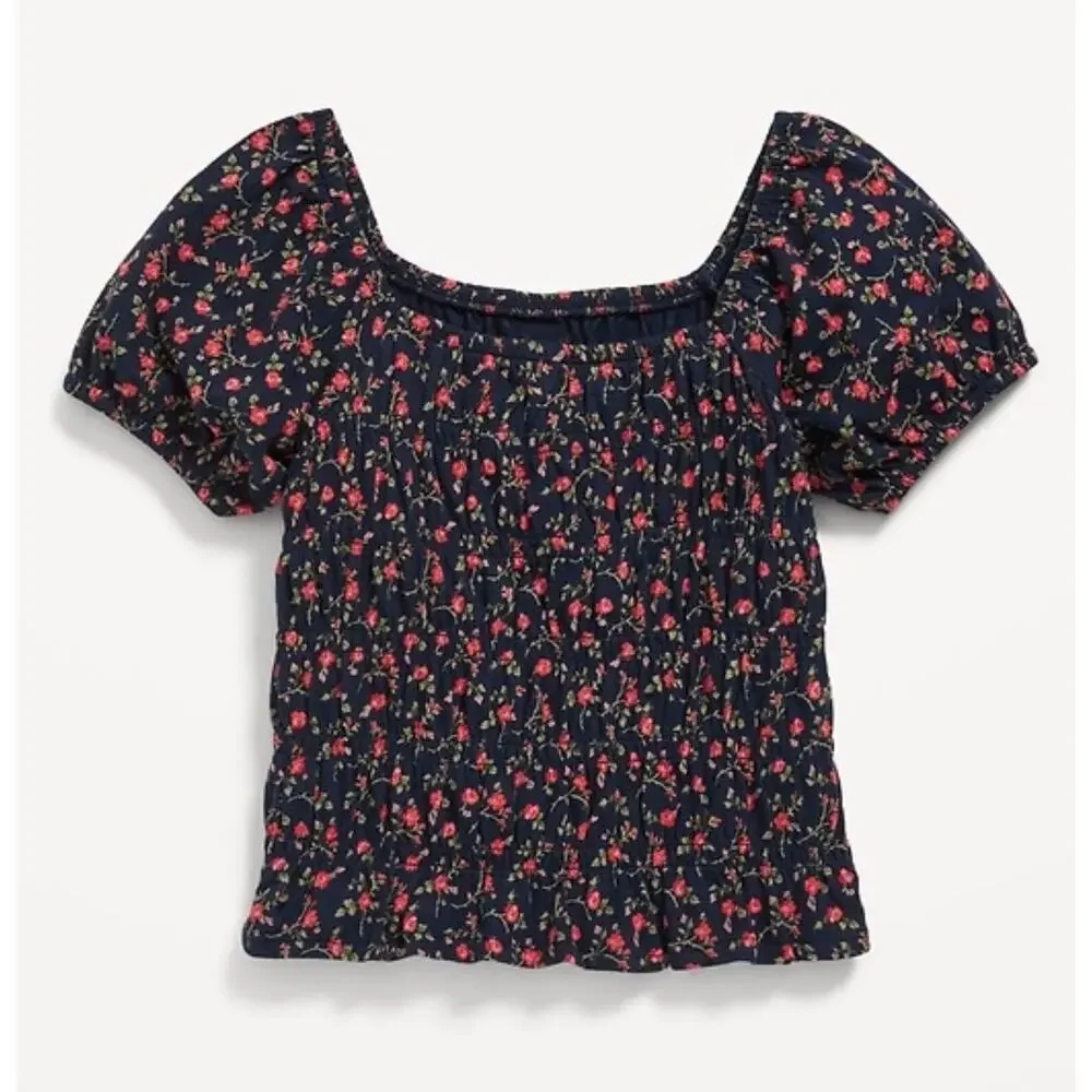 Old Navy Girls' Black Floral Smocked Puff-Sleeve Top - Size 8